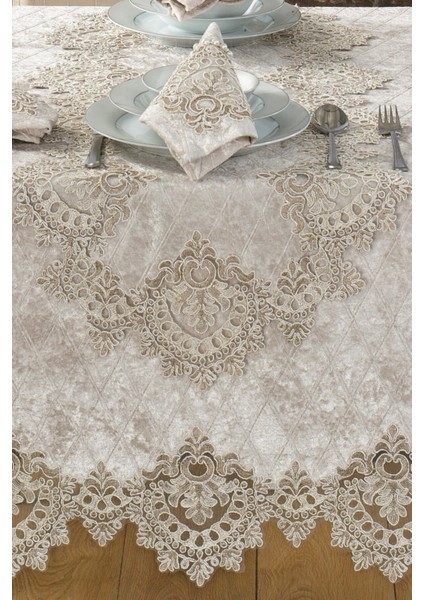 Kadife Lüks Masa Örtüsü Seti Dantelli Güpürlü 26 Parça Reina Cappuccino modelleri