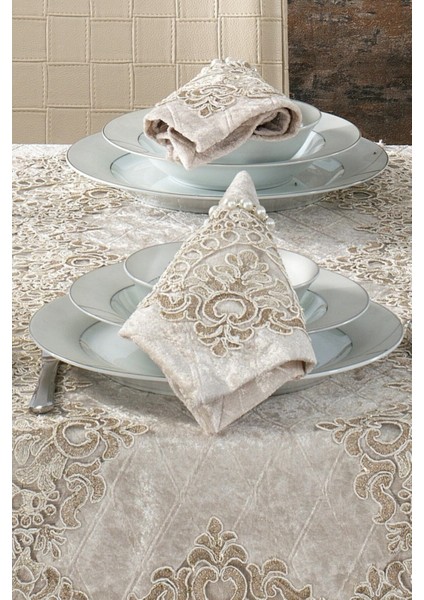 Kadife Lüks Masa Örtüsü Seti Dantelli Güpürlü 26 Parça Reina Cappuccino indirimleri