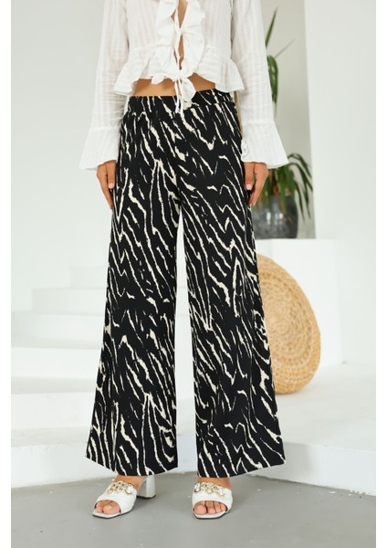 Kadın Siyah Beyaz Zebra Desenli Palazzo Pantolon – Yüksek Bel, Geniş Paça, Yazlık Rahat Kesim