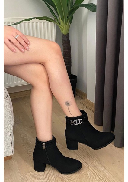 Kadın Hana Siyah Zümrür Taşlı Tokalı ( 6 cm ) Topuklu Oval Burun Bot fırsatları