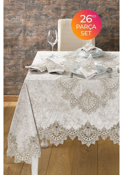 Kadife Lüks Masa Örtüsü Seti Dantelli Güpürlü 26 Parça Reina Krem