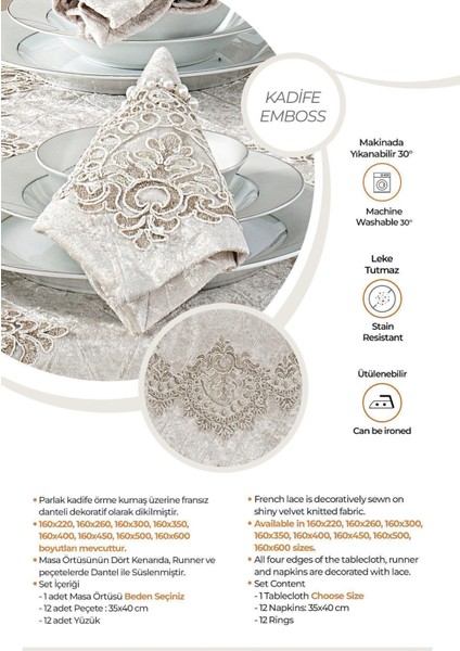 Kadife Lüks Masa Örtüsü Seti Dantelli Güpürlü 26 Parça Reina Krem fiyatları