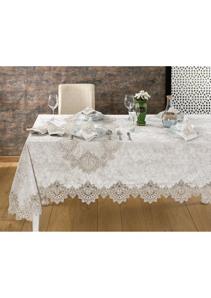 Kadife Lüks Masa Örtüsü Seti Dantelli Güpürlü 26 Parça Reina Krem modelleri