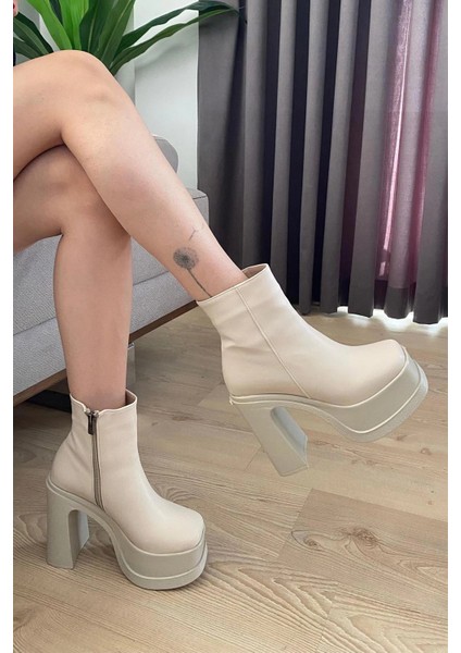 Kadın Sidney Krem 12 cm Platform Topuklu Fermuarlı Bot