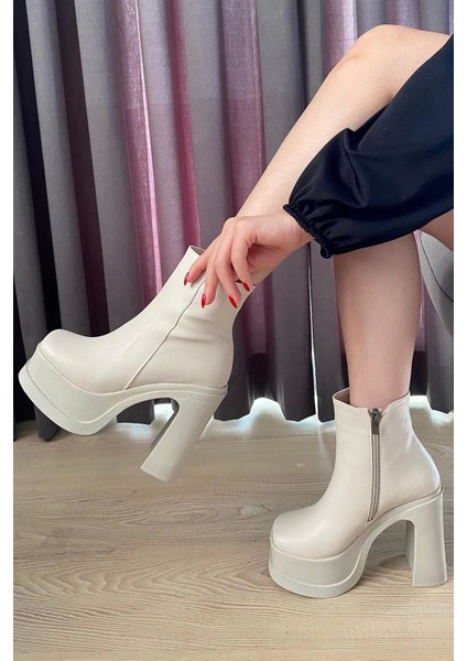Kadın Sidney Krem 12 cm Platform Topuklu Fermuarlı Bot modelleri
