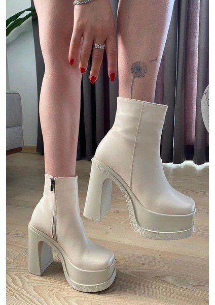 Kadın Sidney Krem 12 cm Platform Topuklu Fermuarlı Bot fırsatları