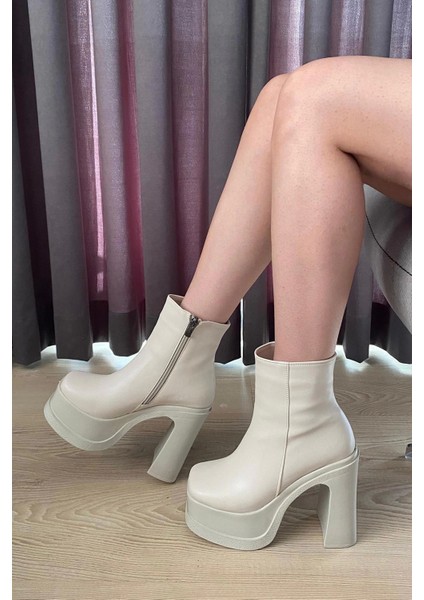 Kadın Sidney Krem 12 cm Platform Topuklu Fermuarlı Bot indirimleri