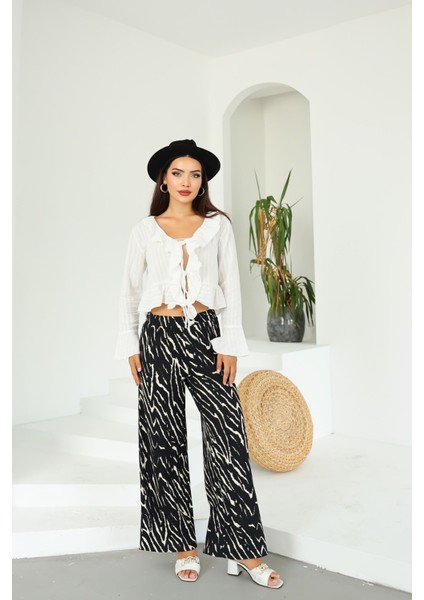 Kadın Siyah Beyaz Zebra Desenli Palazzo Pantolon – Yüksek Bel, Geniş Paça, Yazlık Rahat Kesim fiyatları