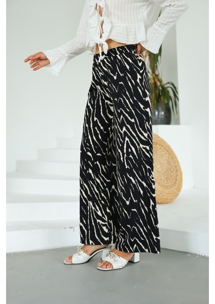 Kadın Siyah Beyaz Zebra Desenli Palazzo Pantolon – Yüksek Bel, Geniş Paça, Yazlık Rahat Kesim modelleri