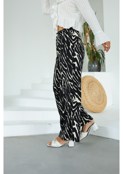 Kadın Siyah Beyaz Zebra Desenli Palazzo Pantolon – Yüksek Bel, Geniş Paça, Yazlık Rahat Kesim fırsatları
