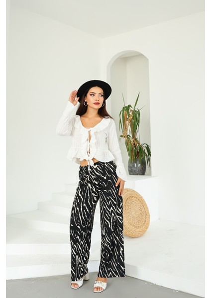 Kadın Siyah Beyaz Zebra Desenli Palazzo Pantolon – Yüksek Bel, Geniş Paça, Yazlık Rahat Kesim