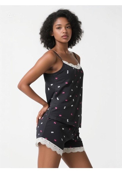 Kadın 808-3 Desenli Şortlu Takım Siyah