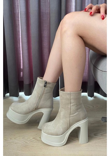 Kadın Sidney Krem Süet 12 cm Platform Topuklu Fermuarlı Bot fırsatları