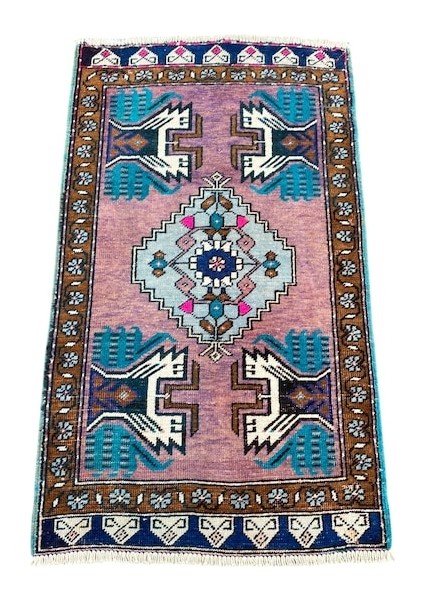 El Dokuma Vintage Küçük Halı 51X91 Mor Eskitme Yün Kök Boya Halı