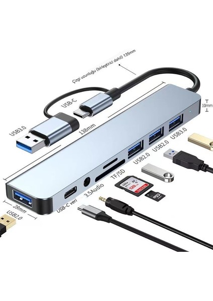 Çok Fonksiyonlu USB + Tip-C Yerleştirme Istasyonu Hub Sekiz Bir Arada Dizüstü Bilgisayar Phablet Cep Telefonu Dönüştürücü USB Hub (Yurt Dışından)