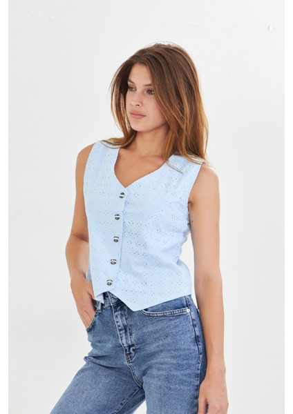 Kadın Yazlıkv Yaka Brode Düğmeli Kolsuz Yelek - Şık ve Rahat Tasarım modelleri