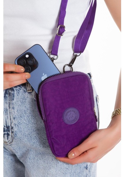 Kadın Krinkıl Kumaş Telefonluk Günlük Cüzdan ve Omuz Çantası NEWPOLO124 - Mor indirimleri