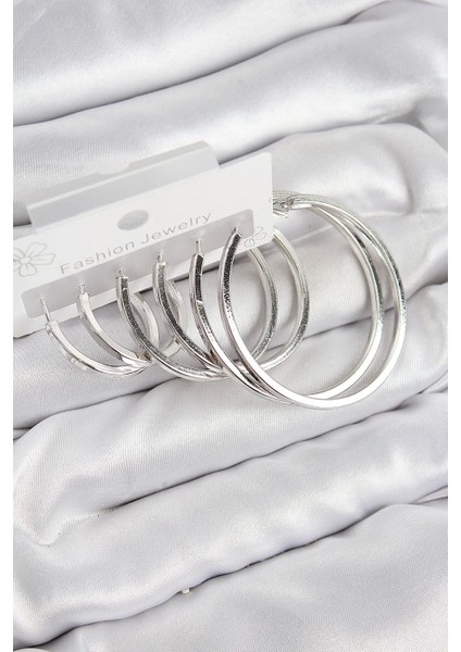 Pirinç Halka Model Gümüş Renk Kadın Set Küpe