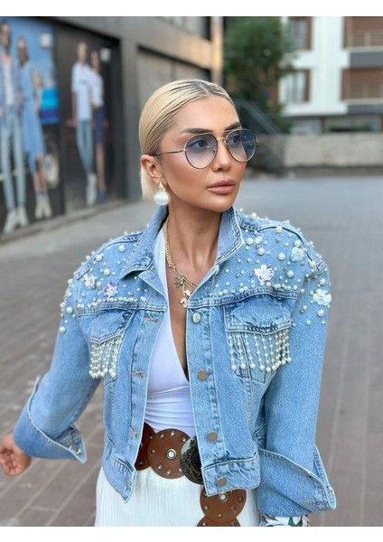 99359 Boncuk Taşlı Jean Ceket Mavi