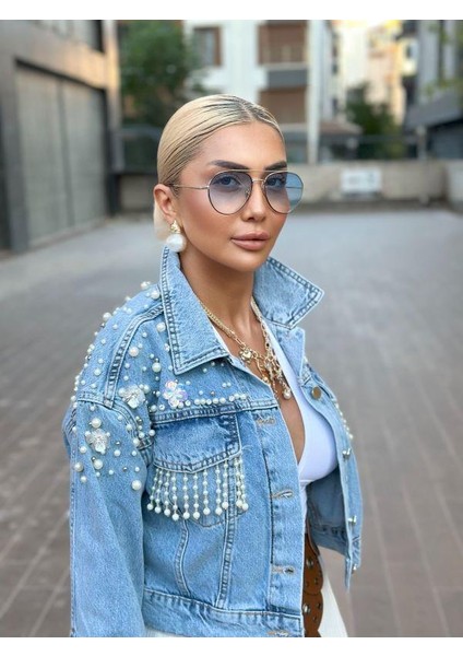 99359 Boncuk Taşlı Jean Ceket Mavi fırsatları