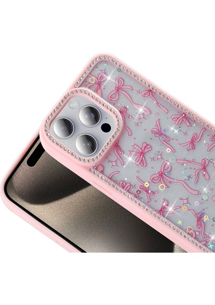 iPhone 15 Pro Max Kılıf Taşlı ve Simli Tasarım Arth Azra Kapak - Pembe