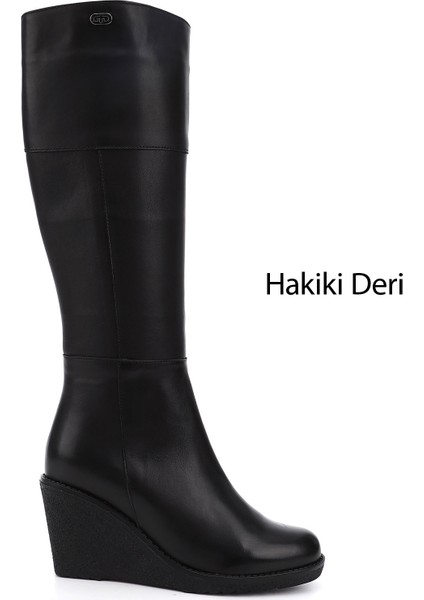 Kadın Siyah Fermuarlı Dolgu Topuklu Hakiki Deri Çizme
