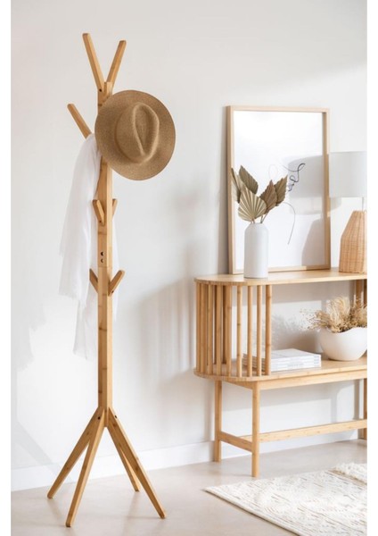 Bambu Portmanto Askılık 8'li Modern Vestiyer Ayaklı Askılık Ahşap Elbise Askısı DB-0026