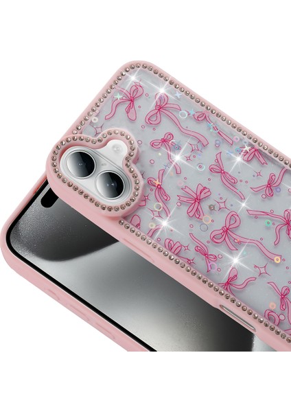 iPhone 16 Kılıf Taşlı ve Simli Tasarım Arth Azra Kapak - Pembe