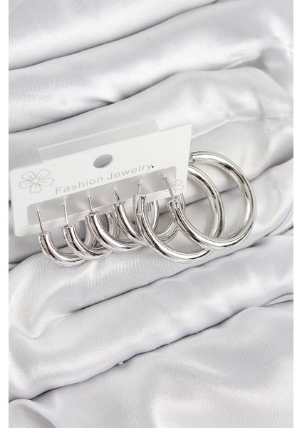 Pirinç Halka Model Gümüş Renk Kadın Set Küpe