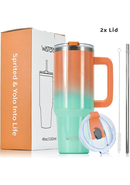 1200ML Paslanmaz Çelik Yalıtımlı Dak Kollu Büyük Kapasiteli 40 Oz Sıcak ve Soğuk Gökkuşağı Boya Için Termal Dak Seyahat Mugcapacity: 801-900ML/RENK: Turuncu Yeşil (Yurt Dışından)