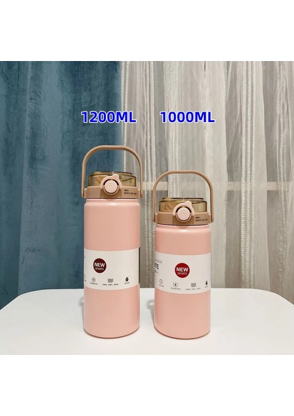 1l/1.2l Termo Şişe Paslanmaz Çelik Büyük Kapasiteli Vakum Şişesi Saman Samağıcı Soğuk Sıcak Içecekler Termos Kupası Spor Salonu Içki Kapasitesi: 1000ML/RENK: Pembe (Yurt Dışından)