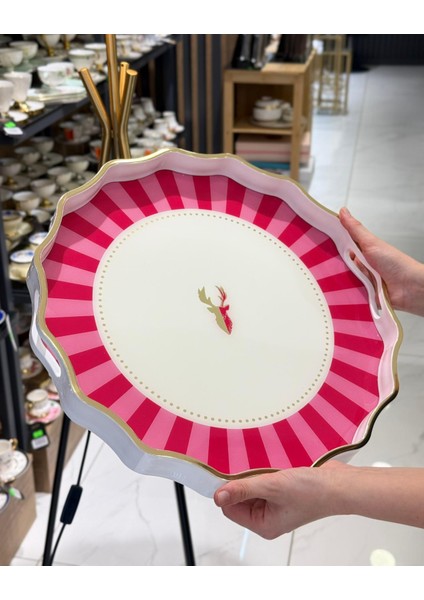 Lüks Akrilik Yuvarlak Tepsi Iwon Pink 38CM