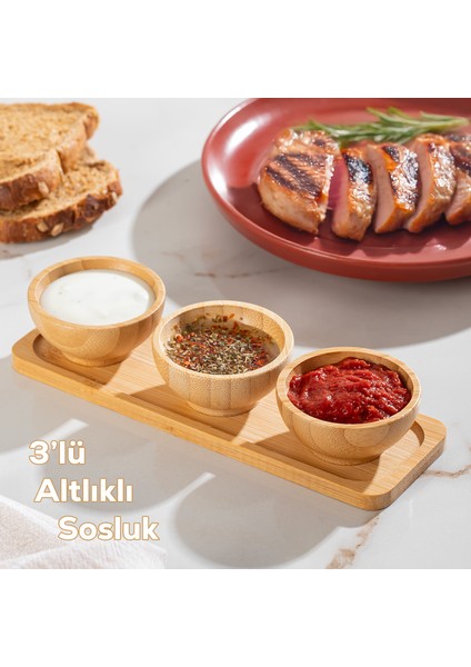 2078 3lü Ahşap Bambu Standlı Kase Sosluk Reçellik Çerezlik Ikramlık Sunumluk Seti Takımı