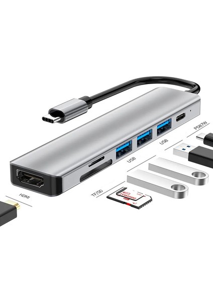 Ch-13 Type-C To 3*usb 3.0 4K Hd HDMI Sd Tf Kart Girişli Çevirici Adaptör