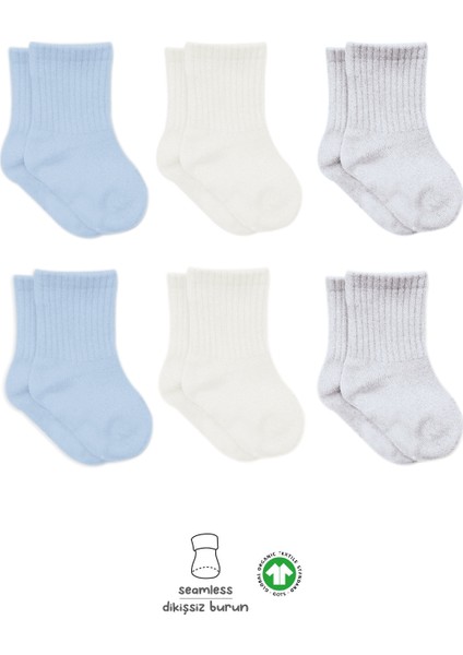 Bistyle 6'lı Basic Penye Soket Çorap 10101 Mavi Ekru Gri