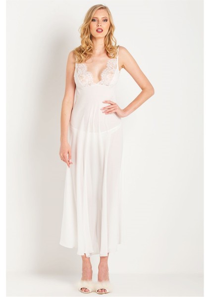 71770 Kadın Ekru Püsküllü Dantelli Krep Uzun Gecelik fiyatları