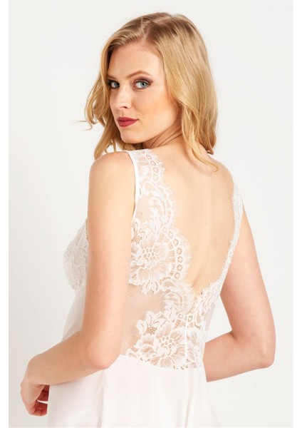 71770 Kadın Ekru Püsküllü Dantelli Krep Uzun Gecelik modelleri