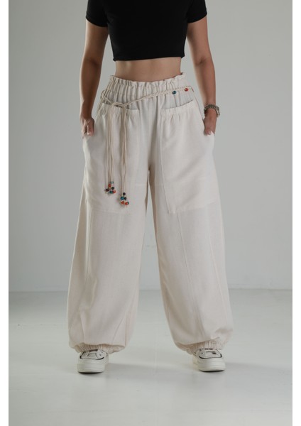 Tasarım Keten Bej Baggy Pantolon