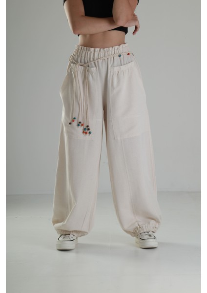 Tasarım Keten Bej Baggy Pantolon fiyatları