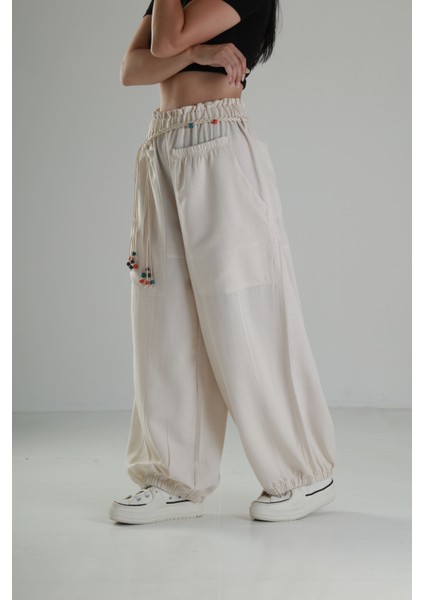 Tasarım Keten Bej Baggy Pantolon fırsatları