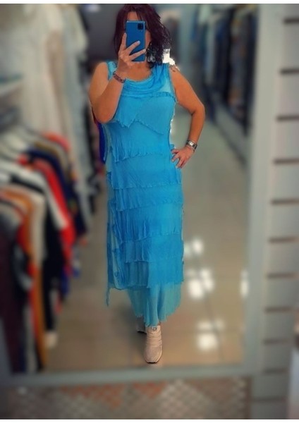 Mavi Uzun Ipek Abiye Elbise