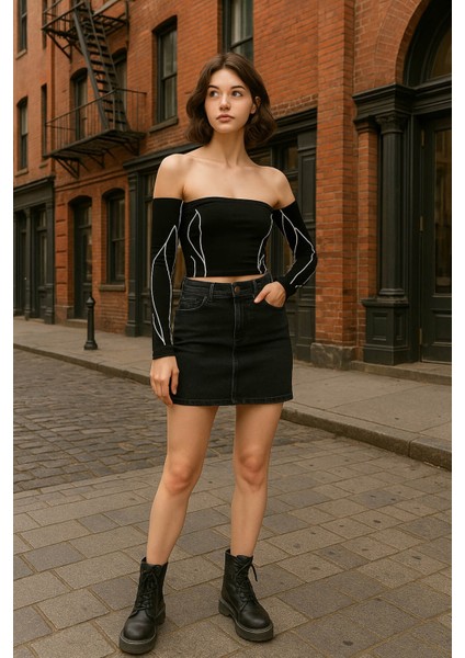 Kadın Likralı Antrasit Mini Jean Etek fırsatları