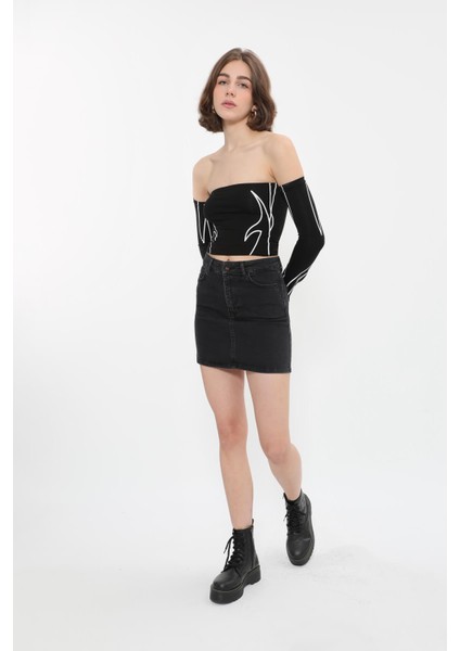 Kadın Likralı Antrasit Mini Jean Etek indirimleri