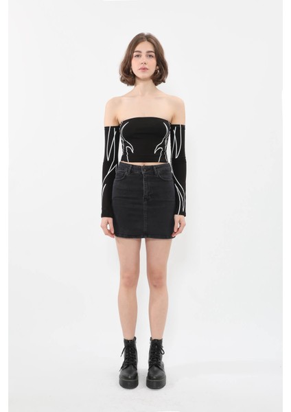 Kadın Likralı Antrasit Mini Jean Etek