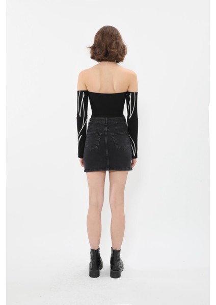 Kadın Likralı Antrasit Mini Jean Etek