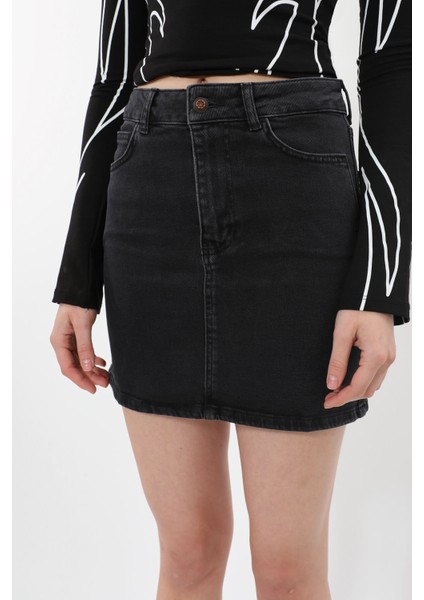 Kadın Likralı Antrasit Mini Jean Etek