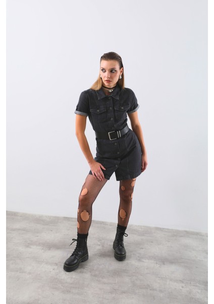 Kısa Kollu Önden Düğmeli Jean Elbise Siyah fiyatları