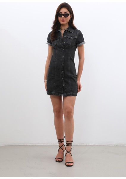 Kısa Kollu Önden Düğmeli Jean Elbise Siyah modelleri