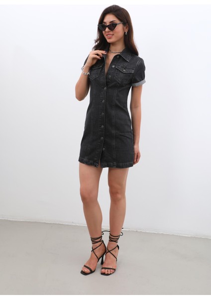 Kısa Kollu Önden Düğmeli Jean Elbise Siyah