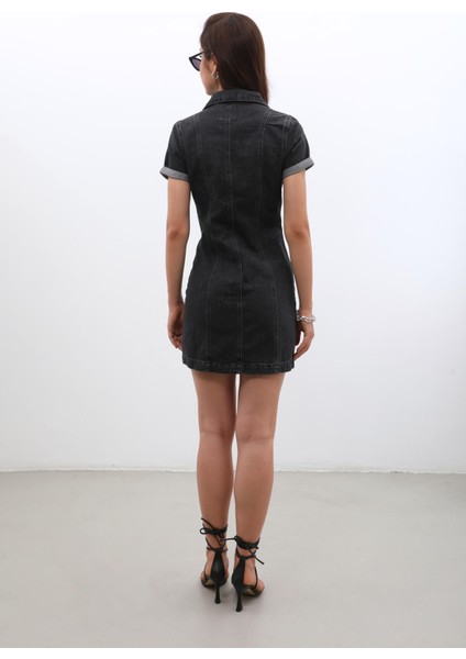 Kısa Kollu Önden Düğmeli Jean Elbise Siyah
